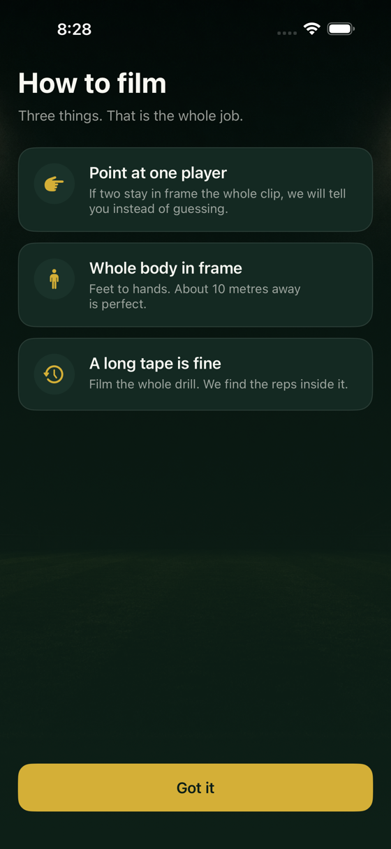How to film: point at one player, whole body in frame, a long tape is fine