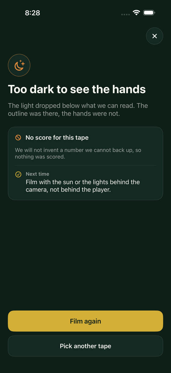 Rejected tape: Too dark to see the hands. No score for this tape. We will not invent a number we cannot back up, so nothing was scored.