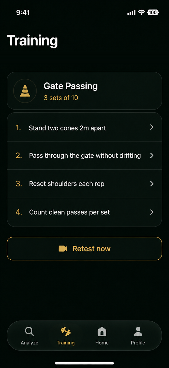Training screen: Gate Passing, 3 sets of 10, four plain steps, and a Retest now button