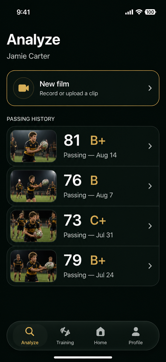 Rugby AI Analyze screen: a New film button and a passing history of scored checks over four weeks